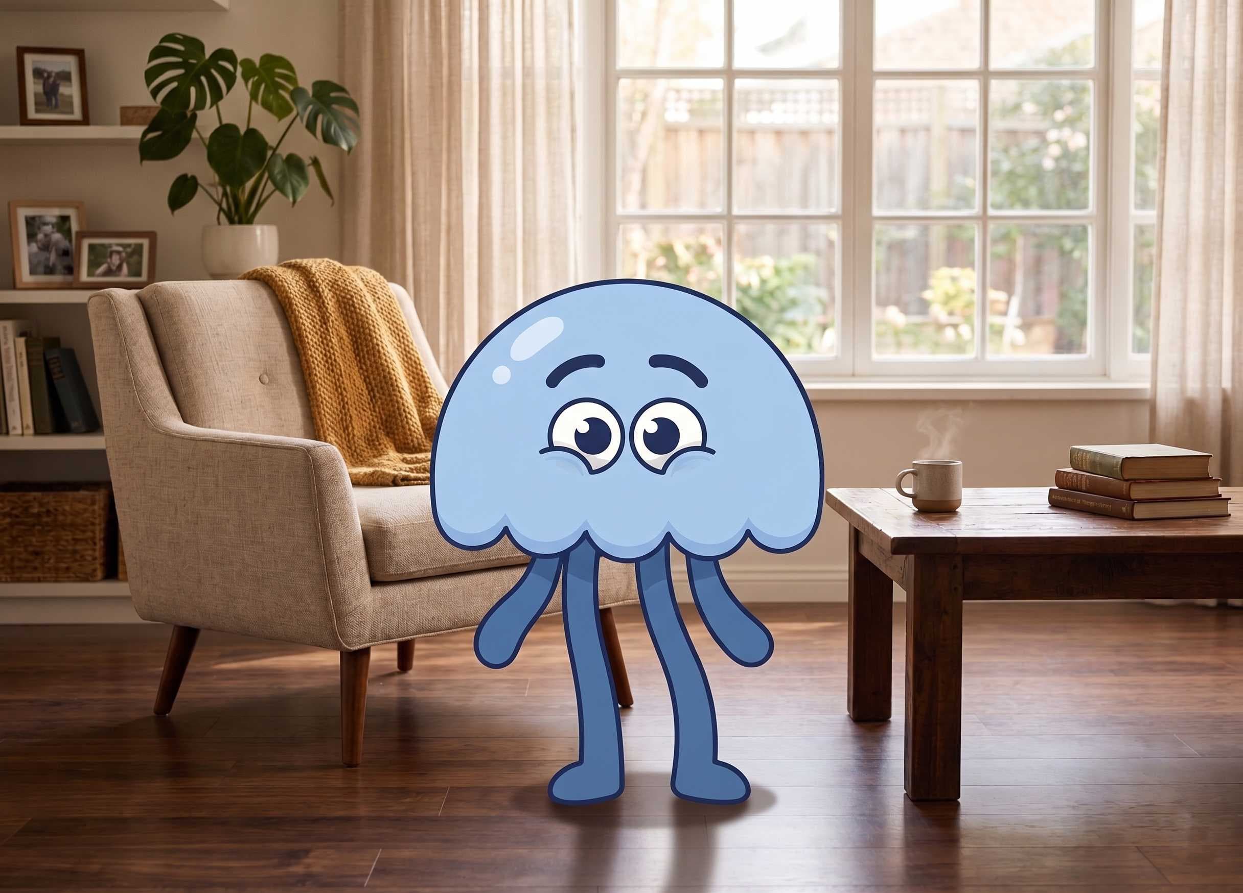 Kidoglow mascot in a cozy living room